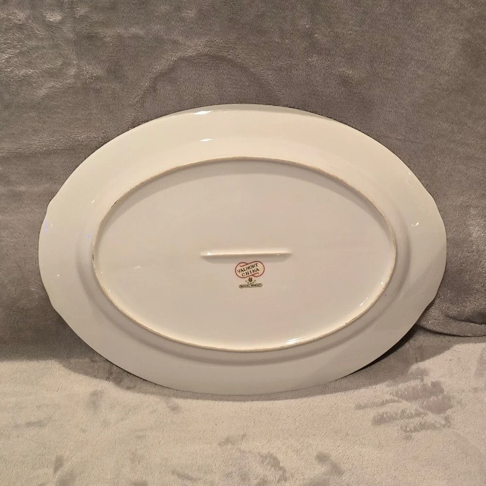 Valmont China Royal Wheat Oval Serving Platter Silver Trim Japan Blue Gray Wheat